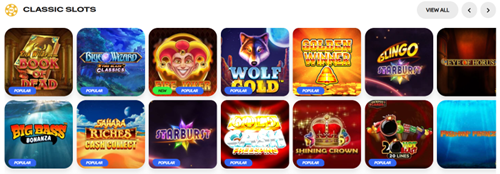 assic Slots section featuring Winning Diamonds, Wolf Gold, Clungo, Big Bass Bonanza, Shaman Riches, Starberry, Barbecue Crookies and more classic slot titles