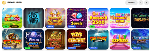 Featured section highlighting Big Boom, Ghost Father, Fortune Olympus, Jokers Jewels, Sweet Bonanza 2500, Sweet Bonanza 1000, The Legend Musashi, Midnight Wizard Mega, Big Bass Blaze, Big Circus, Big Bass Express and more
