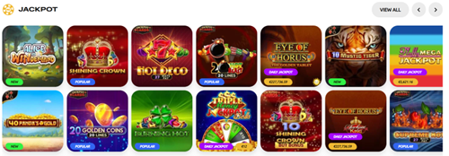 Jackpot category showing slots with jackpot labels including Winning Diamonds, HoldCo, Eye of Horus, 20 Golden Coins, Flint, Legendary Jackpot and others