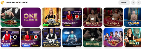 Live Blackjack section showing One Blackjack, Blackjack, Power Blackjack, Fun Blackjack 21 and other live dealer blackjack tables with real croupiers