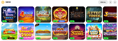 New games section showing recently released slots including Midnight Wizard, 4 Scarab Coins Tower, Game of Thrones, Aztec, Big Boom, Bonanza 2500, Lightning Genies, Baring Gods Olympus 2, Wolf Unleashed and others