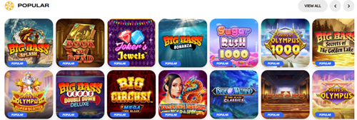 Popular section showing top-rated slots: Big Bass Splash, Bonanza, Jokers Jewels, Big Bass Bonanza, Rush 1000, Olympus 1000, Big Bass Secrets of the Golden Lake, Big Circus Mega, Olympus and more
