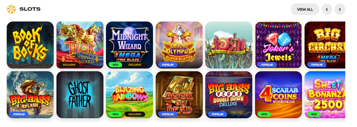 Slots category showing a broad grid of titles: Book of Books, Midnight Wizard, Olympus, Jokers Jewels, Big Circus, Ghost Father, Aaron, Big Bass, 4 Scarab Coins, Bonanza 2500 and others