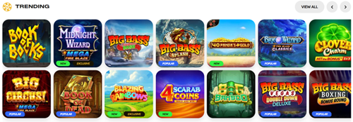 Trending section showing popular slots: Book of Books, Midnight Wizard, Big High Bass, 40 Finest Gold, Clover, Big Circus Mega, Blazing Rainbow, 4 Scarab Coins, Big Bass Boxing, Big Bass Boxing Deluxe and others