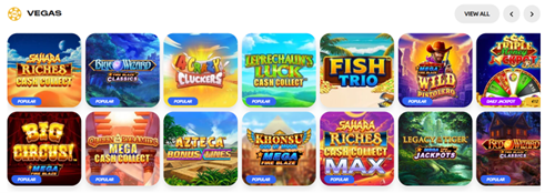 Vegas category featuring slot thumbnails including Shaman Riches, Leprechaun Riches Clocked, Fish Trio, Wild, Big Circus Mega, Aztec, Khonsu, Riches Uncrossed Max Jackpot and others
